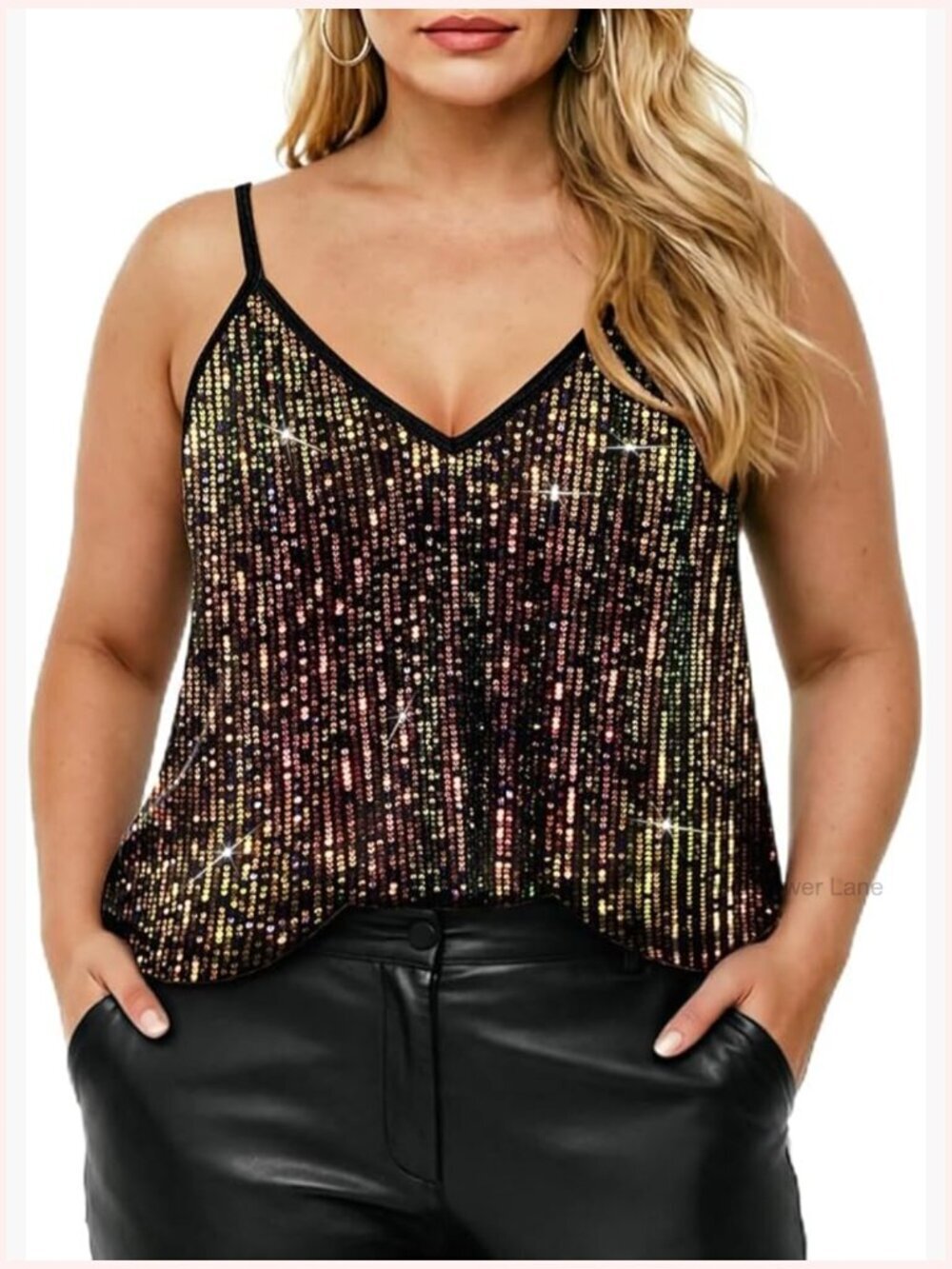 Plus Size Sequin Tank Top V Neck Sleeveless Shimmer Camisole Party Top XL-5XL